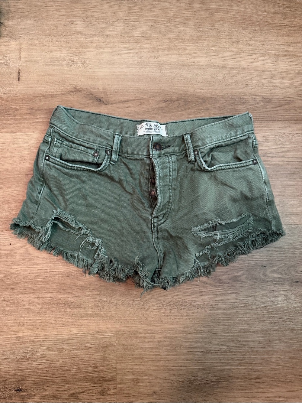 We The Free Olive Green Distressed Denim Shortie
